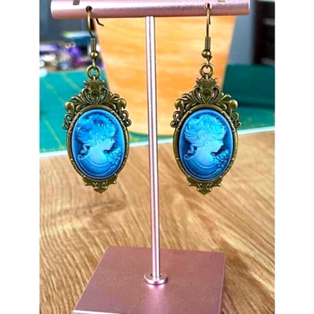 Victorian Blue Lady Cameo Earrings